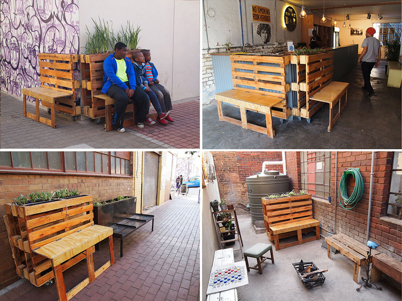 r1 recycles wooden pallets into interlocking mobile benches for johannesburg