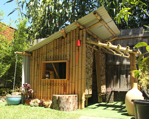 giant grass builds bamboo cubby house from recycled materials