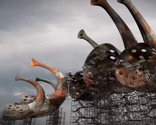 horn structures produce wind-generated sounds in denmark for LAGI 2014