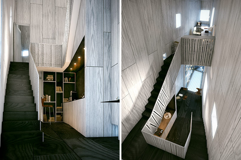 blank studio designs a house for a writer suspended amongst a forest of