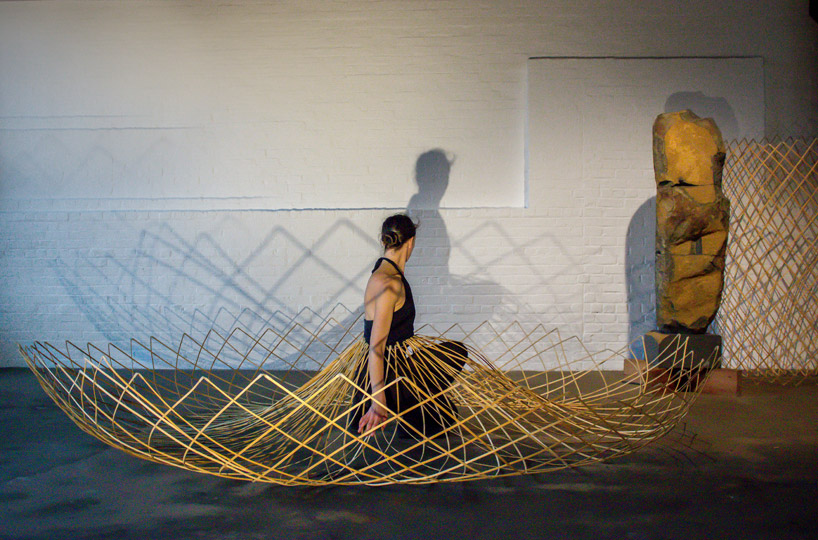 maria blaisse dancers with bamboo structures at the noguchi museum