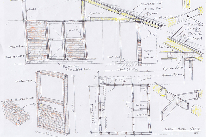 shigeru ban's nepal disaster relief shelter reuses brick from collapsed