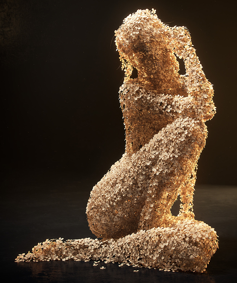 jean-michel bihorel forms flower figures from dried hydrangea blooms
