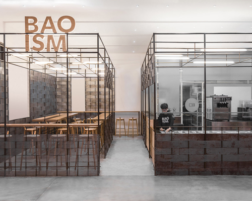 linehouse weaves perforated raw metal panels around restaurant in shanghai