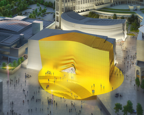 MVRDV's entertainment plaza in seoul is highlighted with a giant golden spot