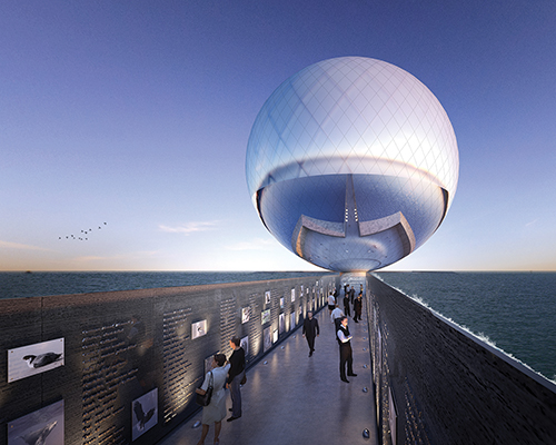 clear orb sculpture provides energy and drinkable water for the city of santa monica
