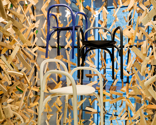 samuel wilkinson suspends brace chair and offcuts inside cube