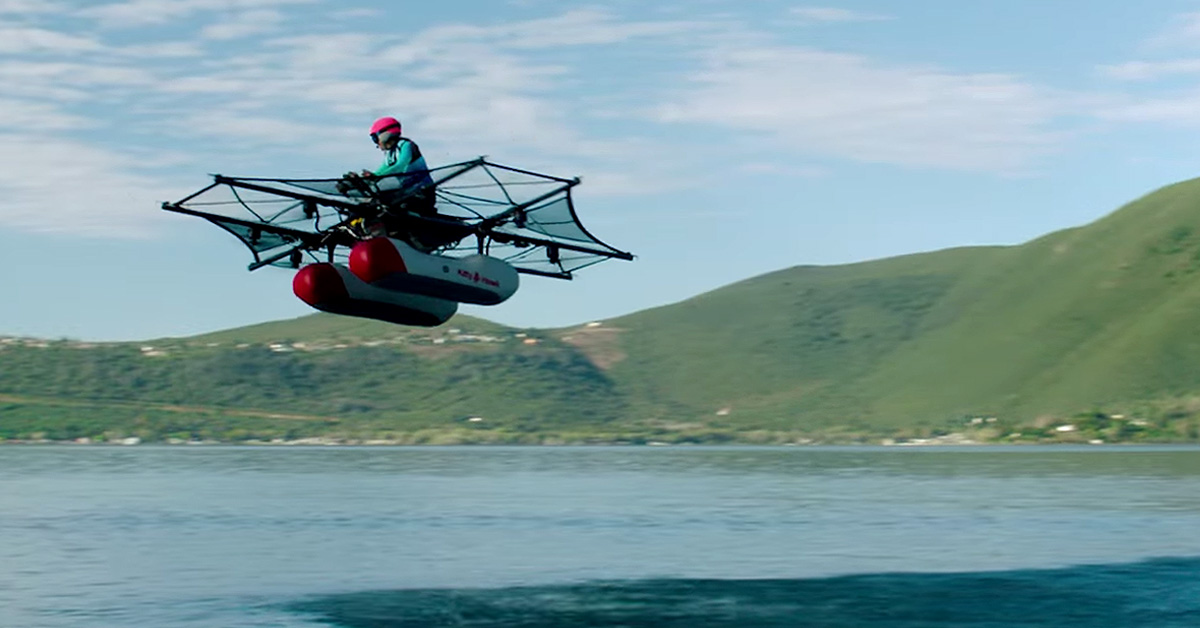the kitty hawk flyer ultralight electric aircraft speeds over water for