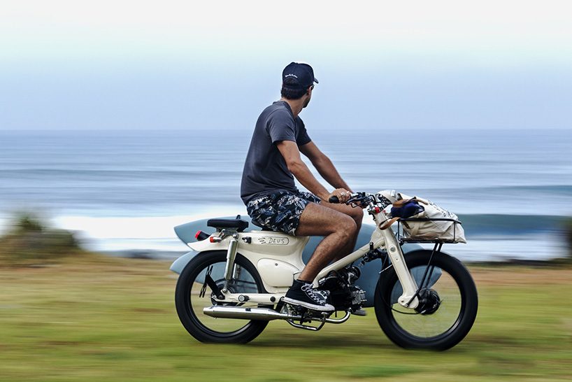 the deus sea sider custom bike is 70 s super cub for surfers