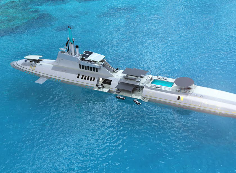 dubbed migaloo, the submersible yacht lets guests dine alfresco in open rooms and swim in pools