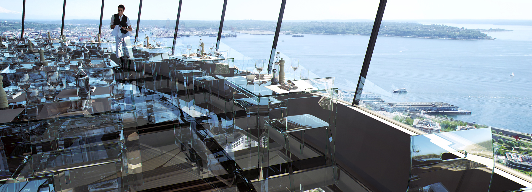 redesign of seattle space needle includes glass floors for dining experience at 500 feet
