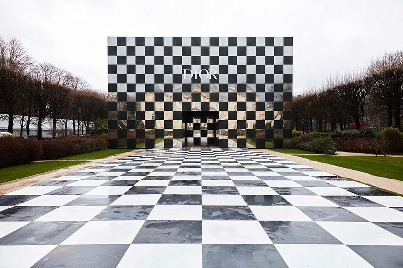 bureau betak designs surrealist checkered pavilion for dior's SS18 in paris designboom