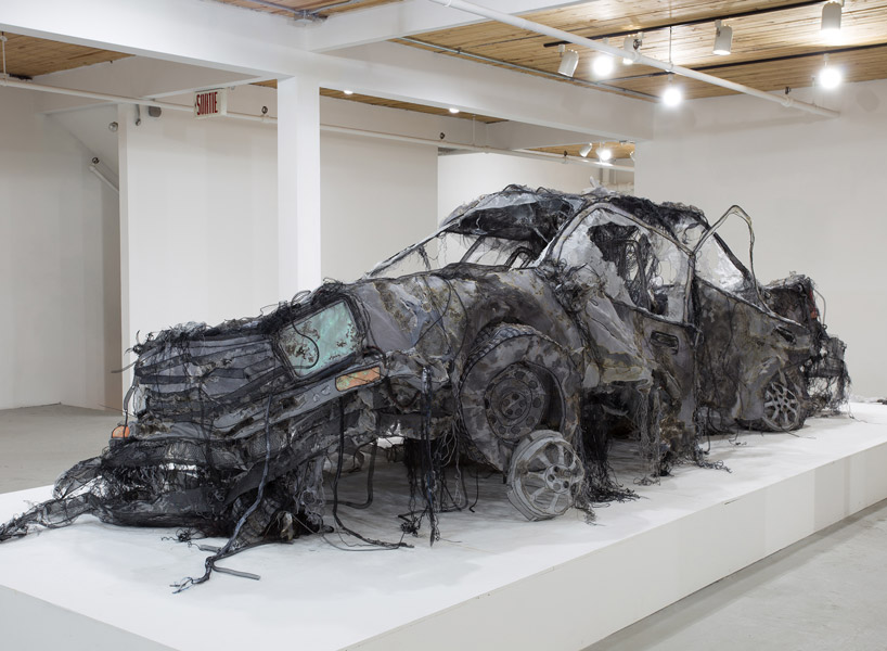 Contact Page screen design idea #257: this full-scale demolished car is constructed from ghost-like textiles by jannick deslauriers