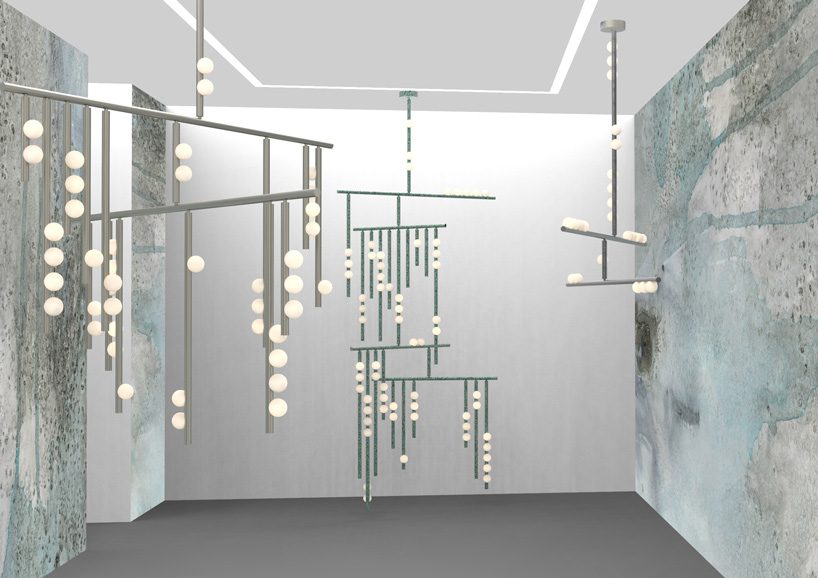 lindsey adelman's drop lighting system balances hand-blown globes on brass tubes