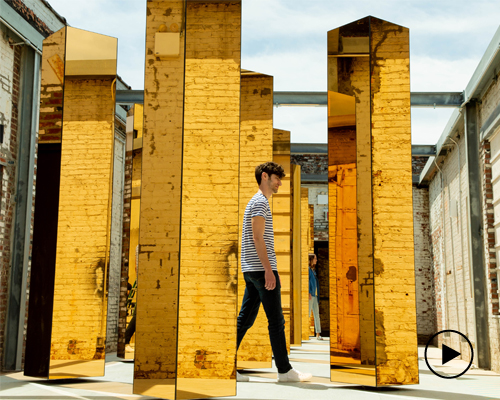 UVA's rotating gold columns immerse A/D/O, the creative space by MINI, with light, shadow and reflection