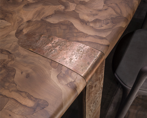 henge handcrafts oxymoron dining table with micro-mosaic top of walnut