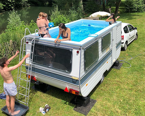 benedetto bufalino turns old caravan into mobile swimming pool