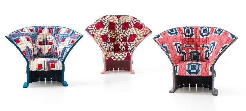 calvin klein upholsters 100 cassina feltri chairs in vintage quilts for first design miami/basel installation