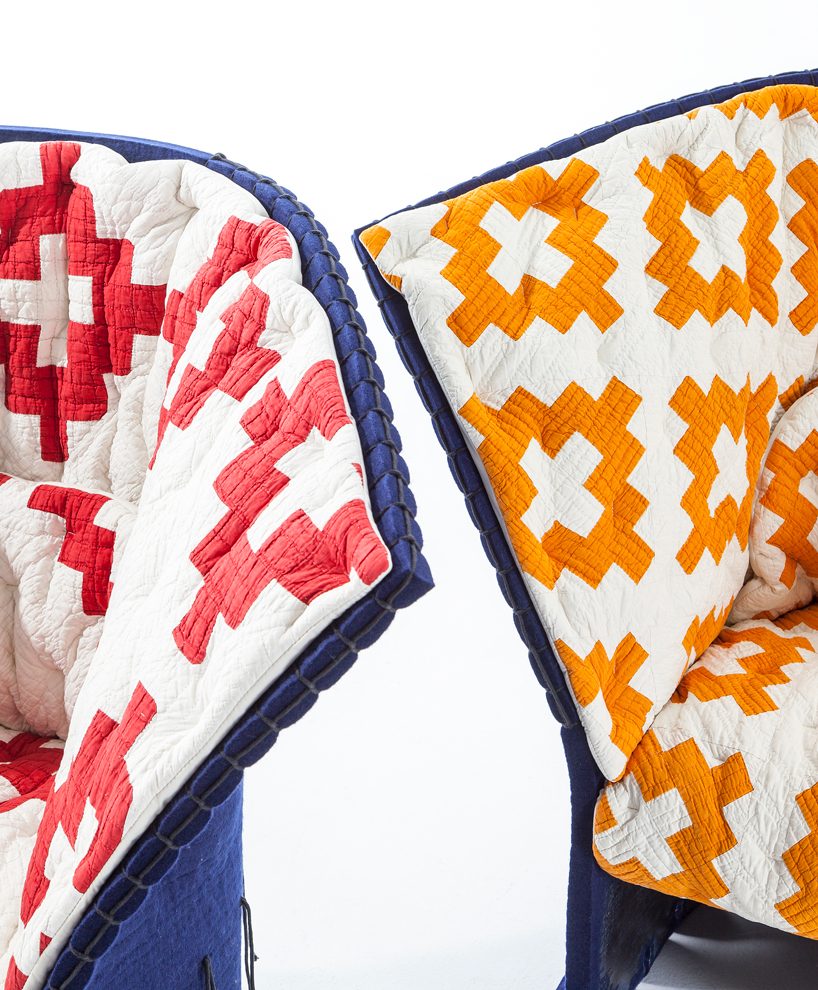 calvin klein upholsters 100 cassina feltri chairs in vintage quilts for first design miami/basel installation