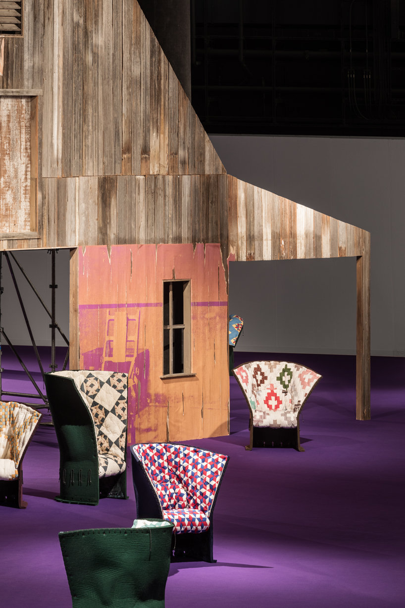 calvin klein upholsters 100 cassina feltri chairs in vintage quilts for first design miami/basel installation