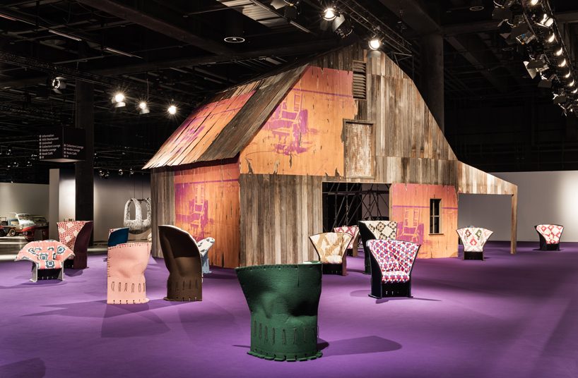 calvin klein upholsters 100 cassina feltri chairs in vintage quilts for first design miami/basel installation