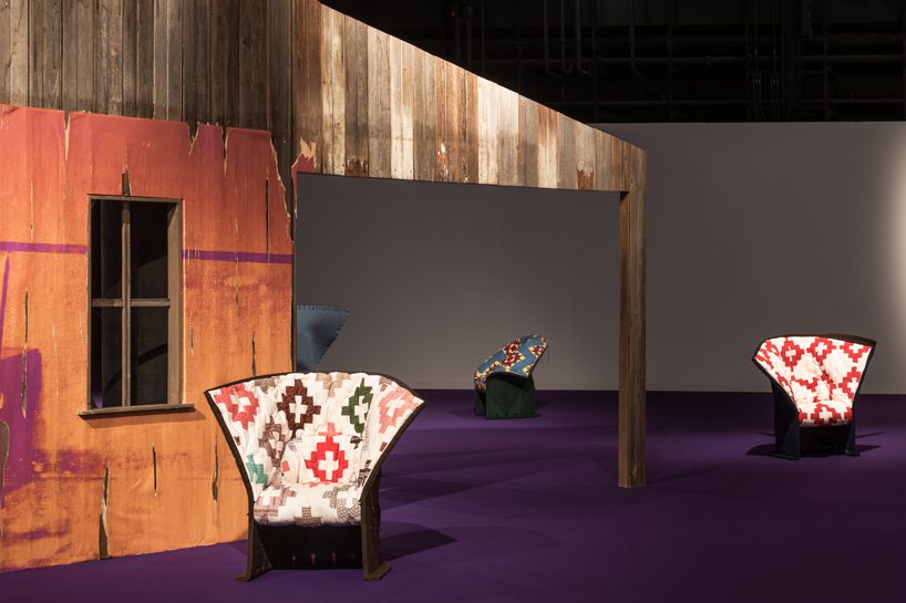 calvin klein upholsters 100 cassina feltri chairs in vintage quilts for first design miami/basel installation