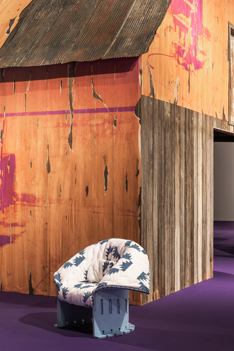 calvin klein upholsters 100 cassina feltri chairs in vintage quilts for first design miami/basel installation