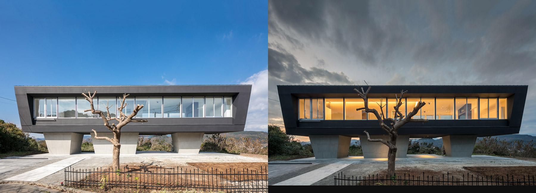 hiraoka architects sets a house on concrete legs on a hilltop in suzaki