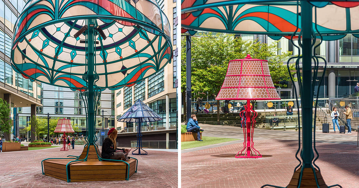 oversized versions of five classic lamps illuminate a manchester square