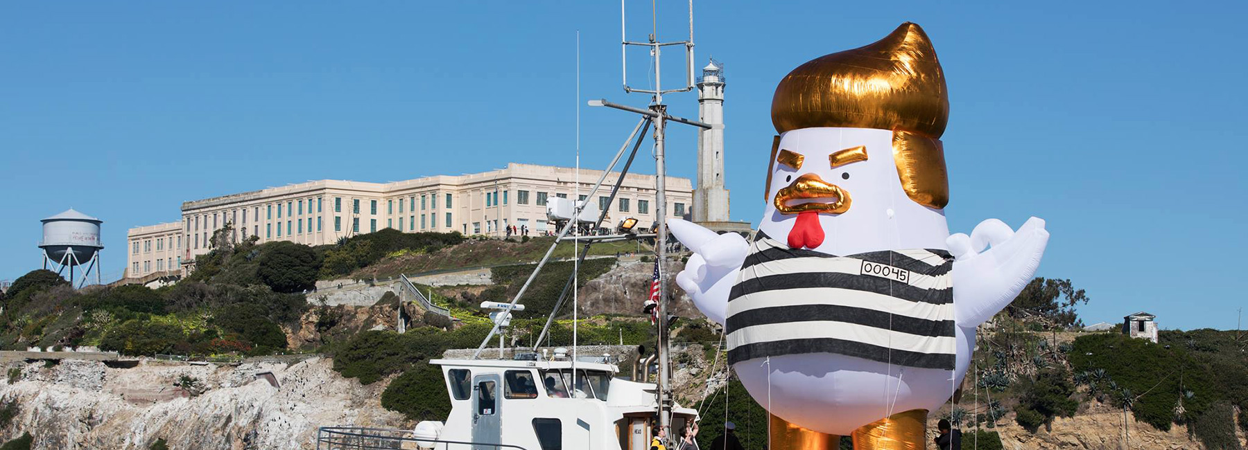 inflatable 'trump chicken' sets sail around san francisco bay