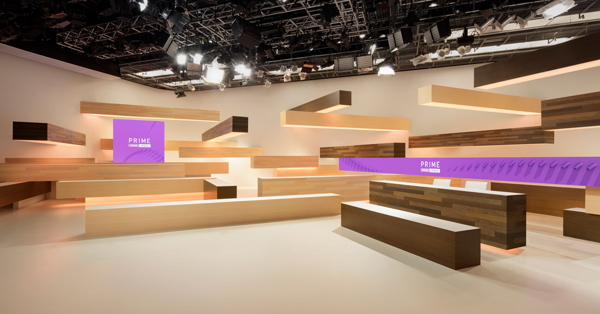 nendo designs prime news branding and studio set for a japanese TV station