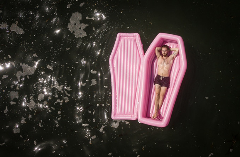 bury yourself this summer in this pink coffin float by pom pom designboom