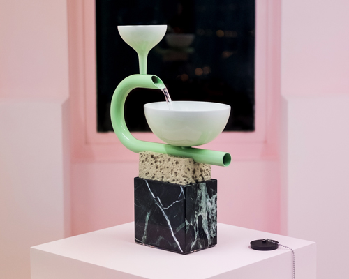 arthur hoffner's fountain series combines ancient forms with PVC pipes and kitchen sponges