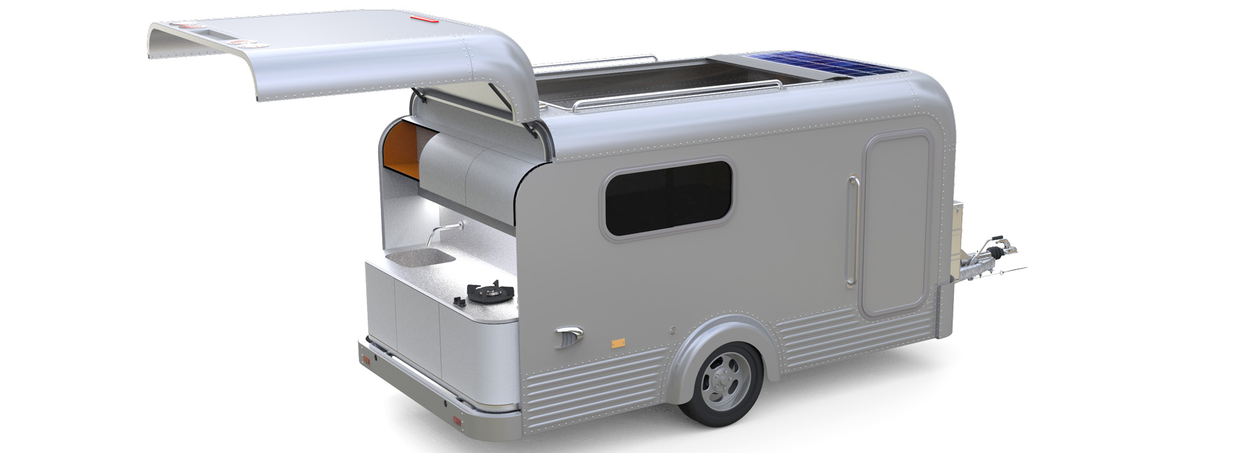 this aluminum camper comes with a panoramic open roof that lets you sleep under the stars