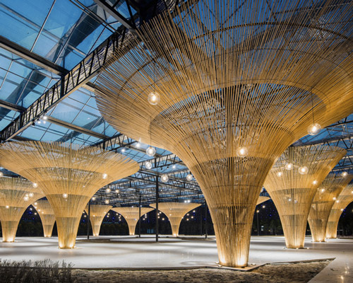 mix architecture transforms a chinese sun shed into a banquet hall with 12 bamboo pillars