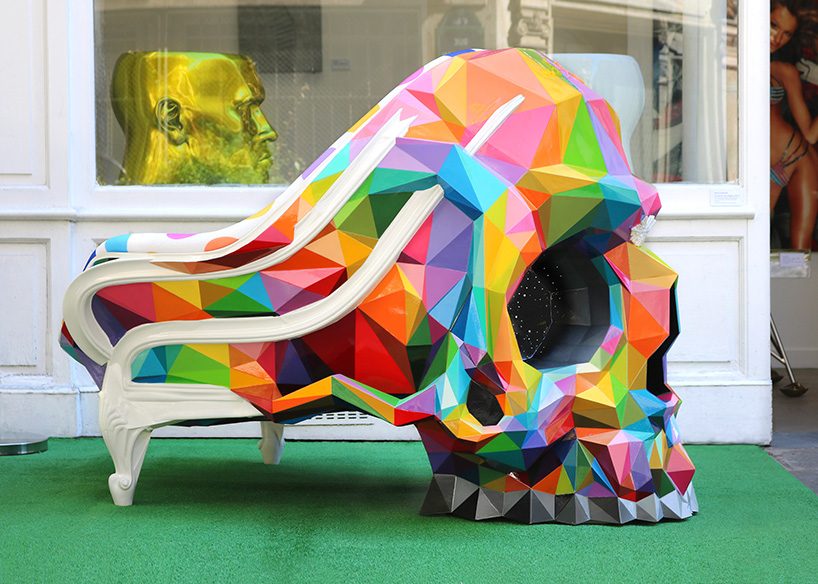 okuda san miguel collaborates with HAROW for multicolor version of the skull armchair designboom