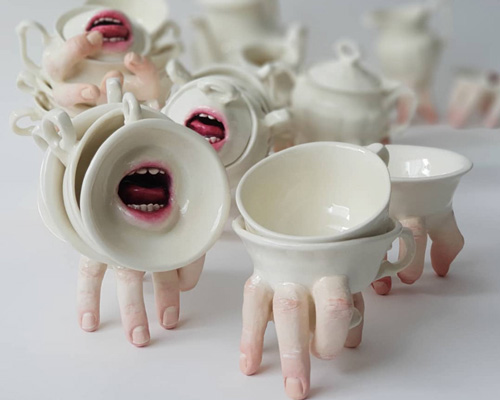 human body parts emerge from ronit baranga's hybrid ceramic tableware