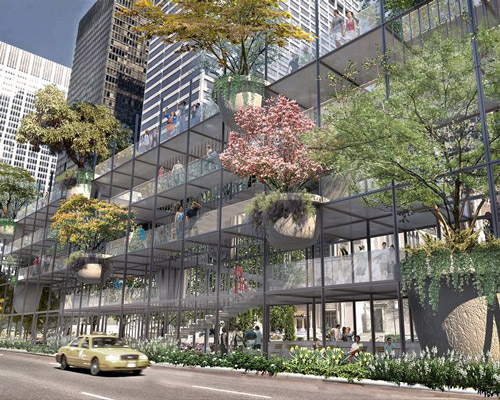 big multifunctional shelf at park avenue, NY, features lush green gardens, by studio JCW