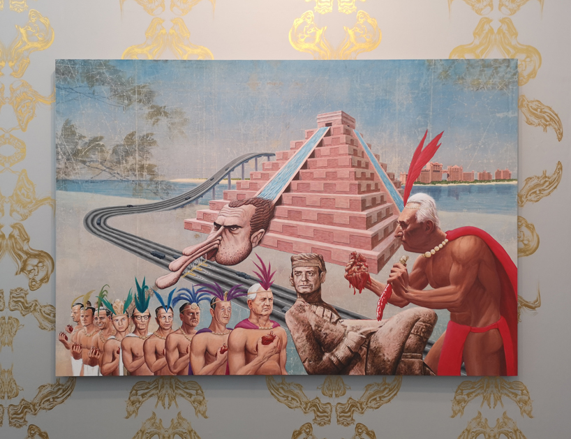 jim shaw illustrates trump's contorted facial features in gilded wallpaper at frieze london