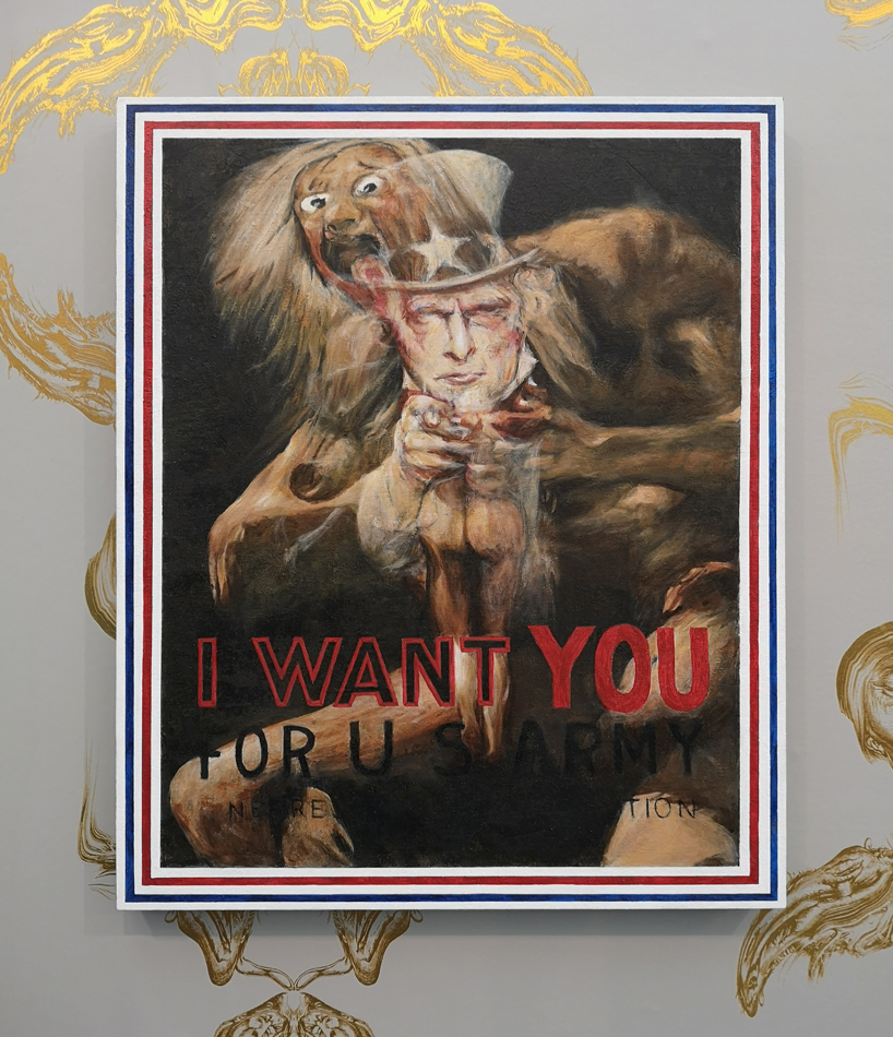 jim shaw illustrates trump's contorted facial features in gilded wallpaper at frieze london