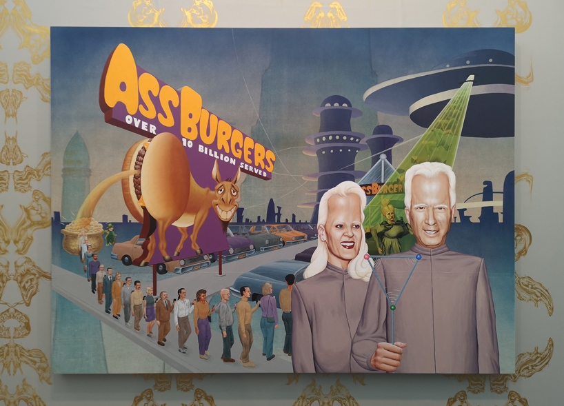 jim shaw illustrates trump's contorted facial features in gilded wallpaper at frieze london