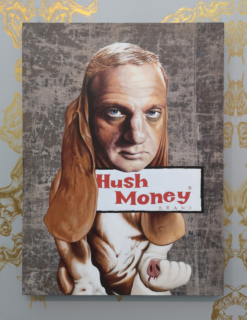 jim shaw illustrates trump's contorted facial features in gilded wallpaper at frieze london