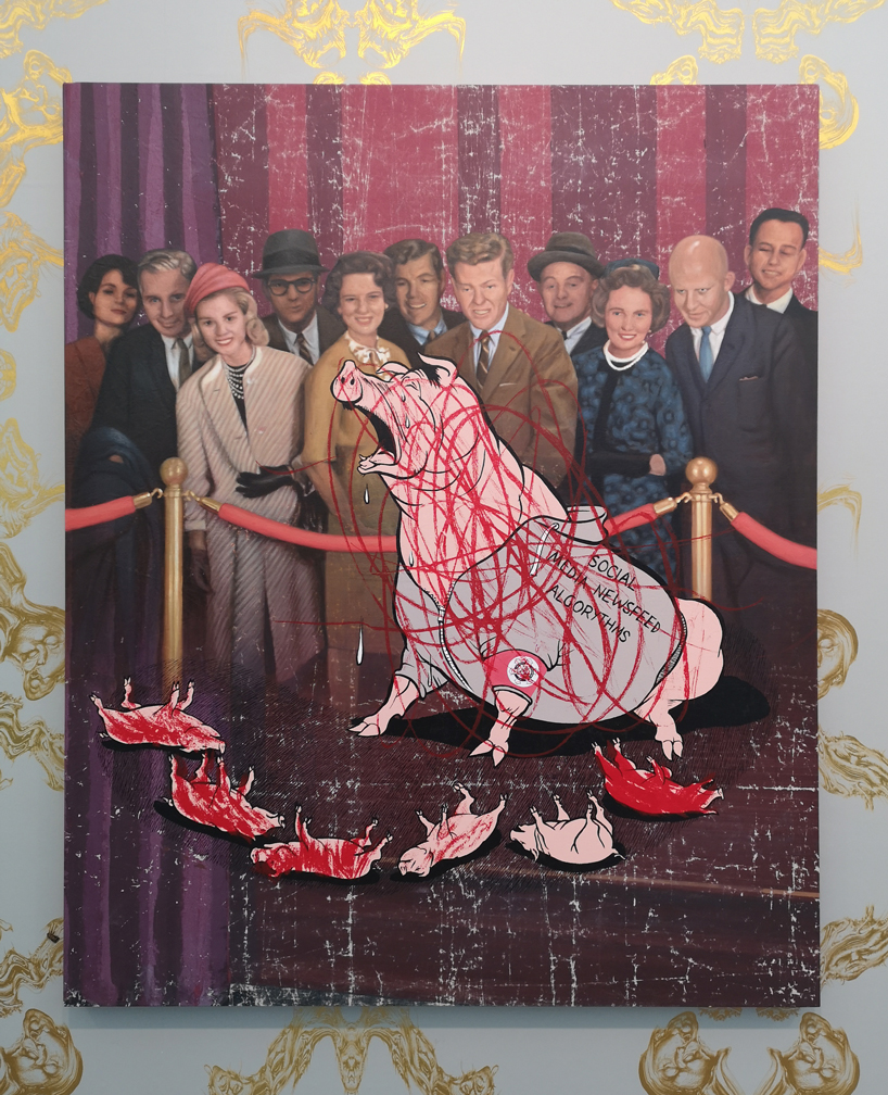 jim shaw illustrates trump's contorted facial features in gilded wallpaper at frieze london