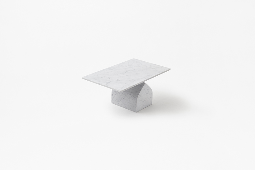 nendo's seesaw tables for marsotto edizioni softly rise up from the base designboom