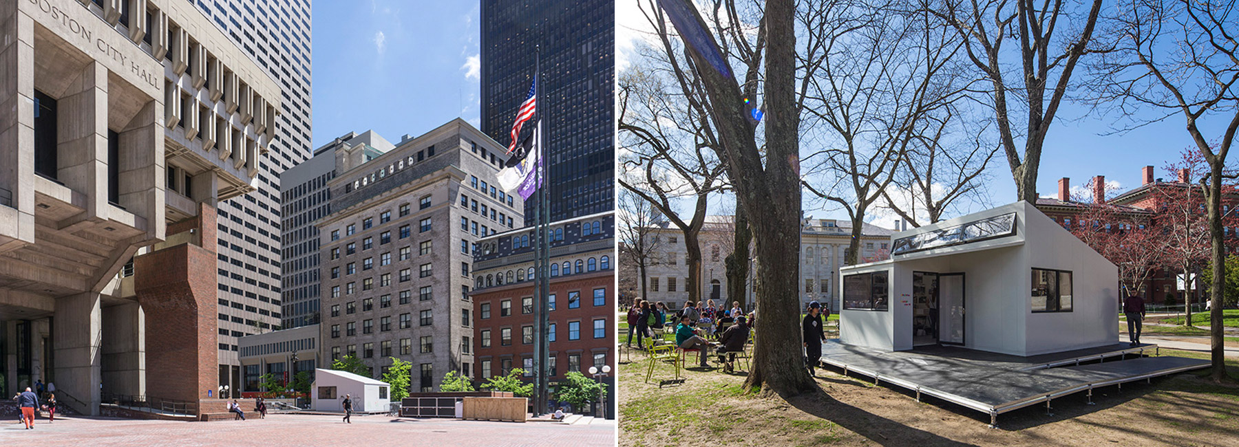 prefabricated plugin house creates temporary public spaces in harvard and boston city hall