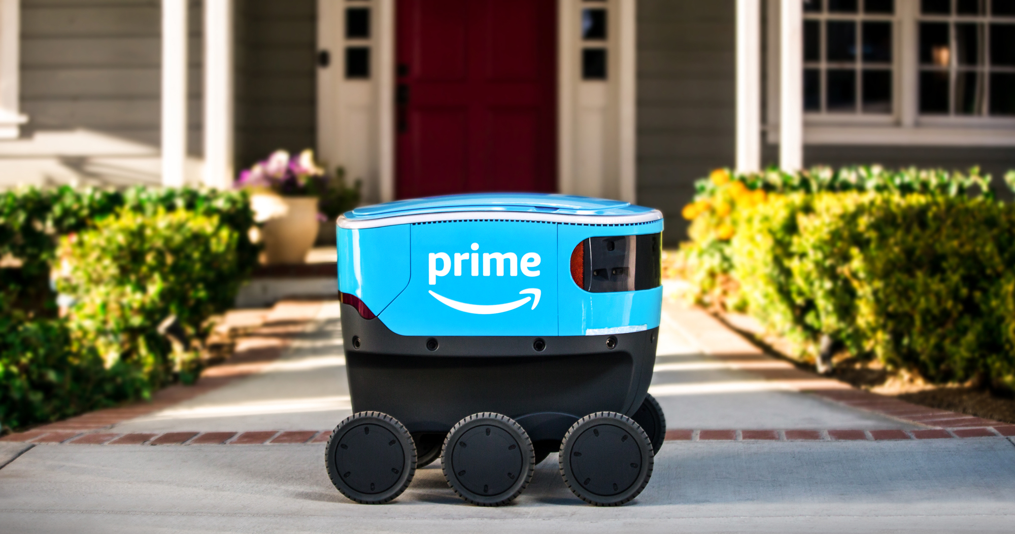 this is amazon scout, the autonomous blue delivery bot roaming one