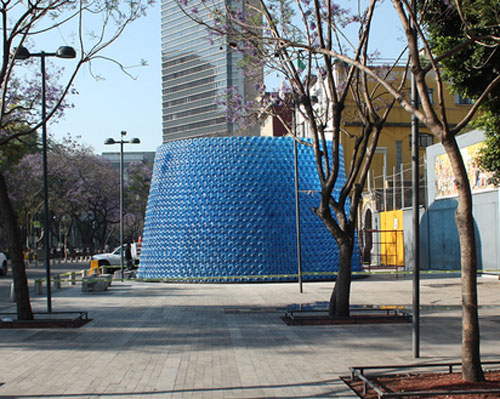 architects build a pavilion of 2500 plastic bottles in the center of mexico city