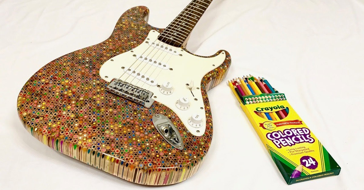 Form design idea #422: 1,200 crayola colored pencils form the body of this electric guitar