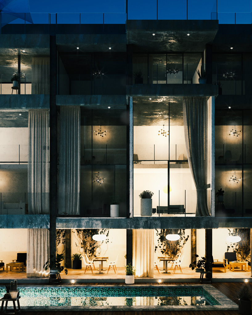 floor-to-ceiling gridded windows compose the façade of this residential complex in cyprus
