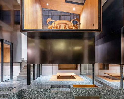 linehouse stacks stainless steel teahouses on green terrazzo in shanghai